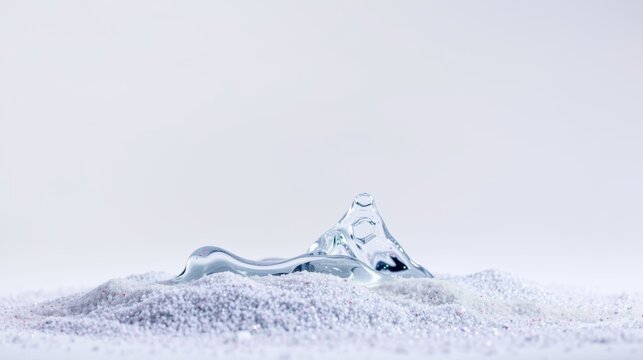 Clear liquid droplet rests upon textured surface. Minimalist composition, cool tones, focus on form, subtle details.