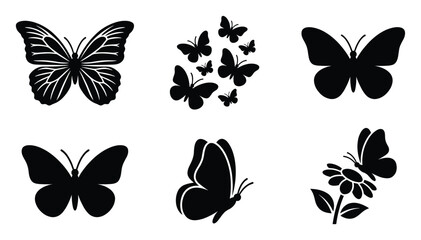 Naklejka premium Collection of diverse butterfly silhouettes in different flight and resting poses perfect for decorative prints, graphic design projects, spring themed decorations, and nature inspired