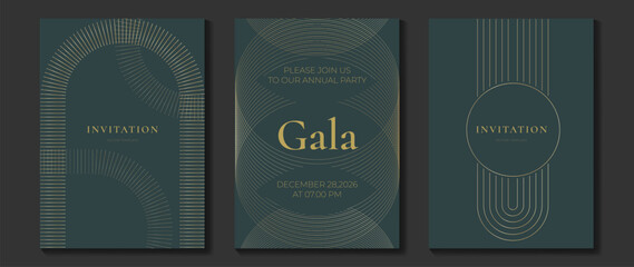 Luxury gala invitation card background vector. Golden elegant gradient gold line pattern on black and light background. Premium design illustration for wedding and vip cover template, grand opening.
