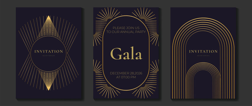 Luxury gala invitation card background vector. Golden elegant gradient gold line pattern on black and light background. Premium design illustration for wedding and vip cover template, grand opening.
