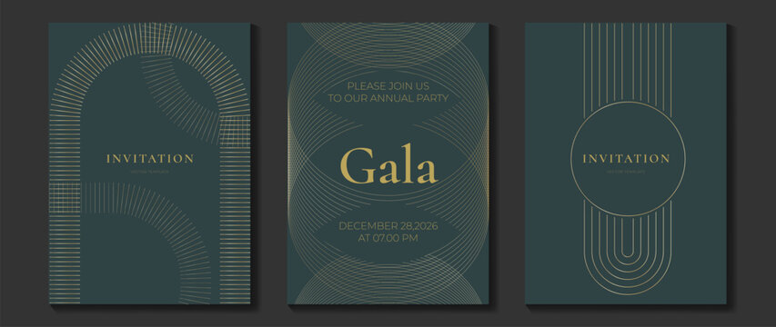 Luxury gala invitation card background vector. Golden elegant gradient gold line pattern on black and light background. Premium design illustration for wedding and vip cover template, grand opening.
