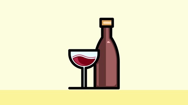 4k footage animation wine bottle with Wine glasses icon animation. Pop art design. Concept of drink, winery, taste, party, wine culture