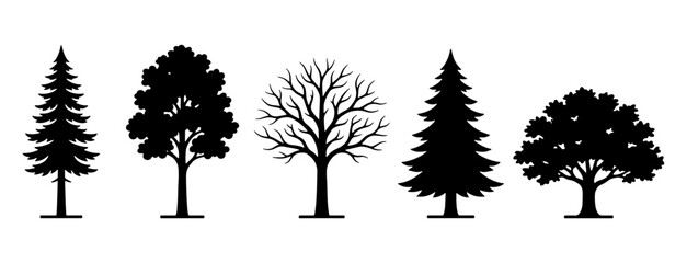 Black tree silhouettes, 5 forest tree icons, pine and oak vector set © Jim