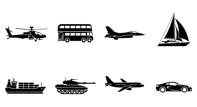Transport icons set, black vehicle silhouettes, 8 vector elements