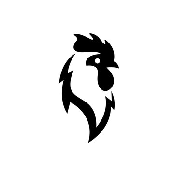 Black and white stylized rooster head logo. Modern geometric chicken silhouette icon for food, farm, and poultry branding.
