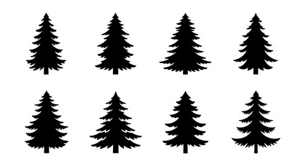 Obraz premium Pine tree silhouette collection, 8 evergreen conifer vectors, spruce icons