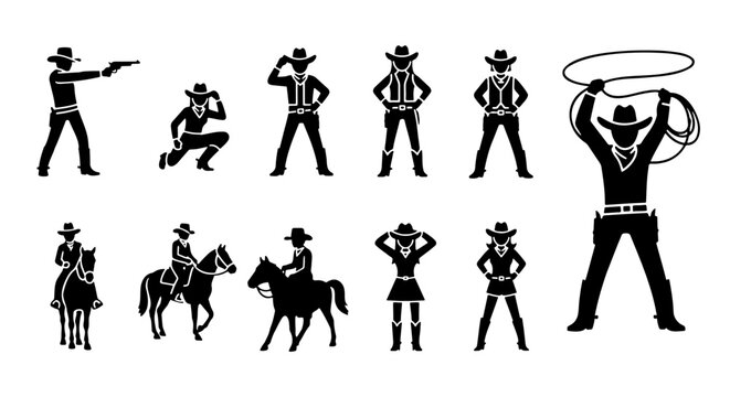 Cowboy silhouette vector set, western outlaw icons, 11 wild west figures
