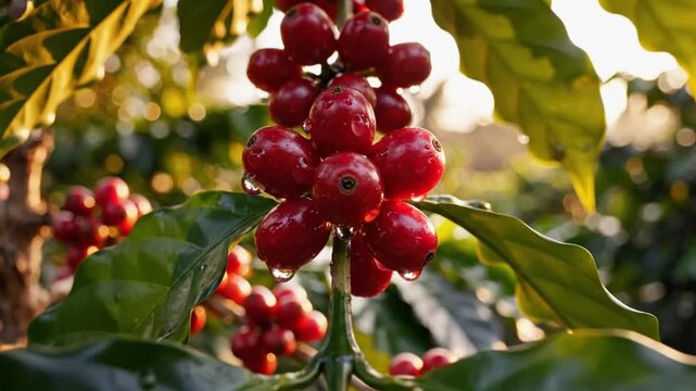 Ripe red coffee cherries glistening with water droplets in the bright sunlight on a coffee farm