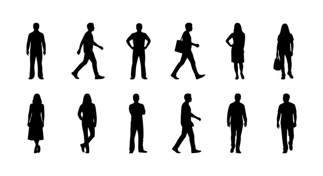 Black people silhouettes, 12 walking and standing human figures vector