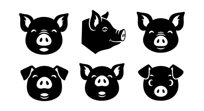 Pig head silhouette icons, 6 black swine vector set, farm animal logo design