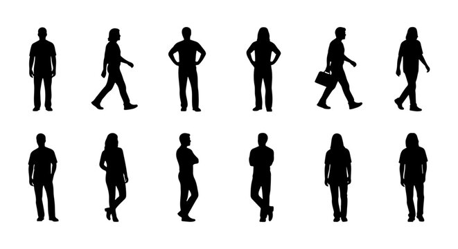 People silhouette vector set, walking and standing human figures, 12 icons