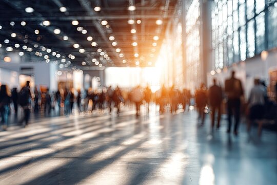 Blurred Crowd of People Walking in a Modern Exhibition Hall with Bright Sunlight.