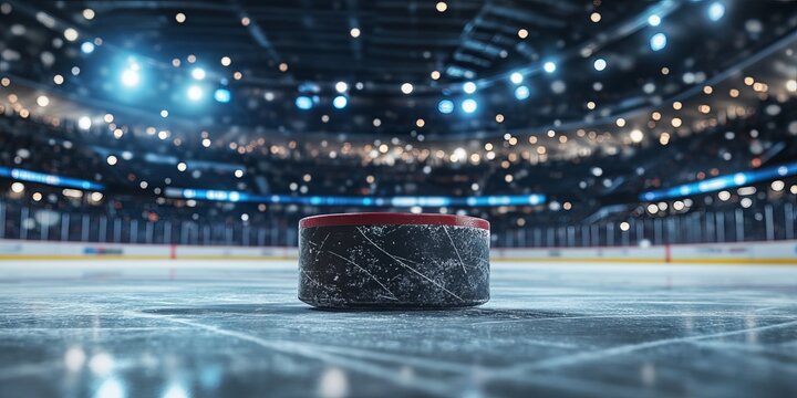 Gliding Hard Rubber Material on Icy Frozen Water Surface of Hockey Arena. Professional Hockey Season