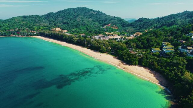 Tropical Nai Thon beach Phuket with Turquoise clear water. Amazing travel landscape photo of Thailand, aerial view.