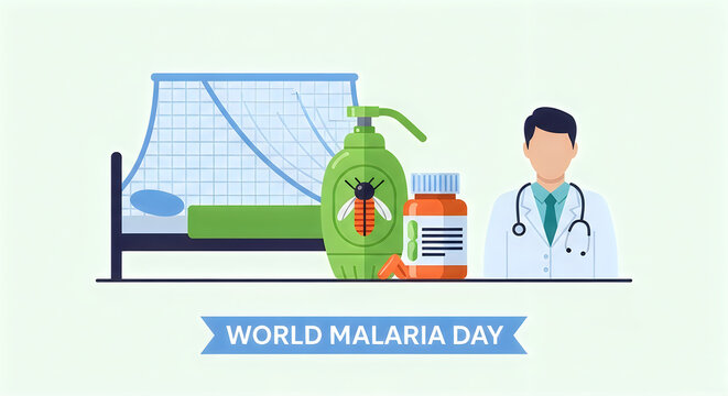 World malaria day awareness protecting health with mosquito nets and medical professionals