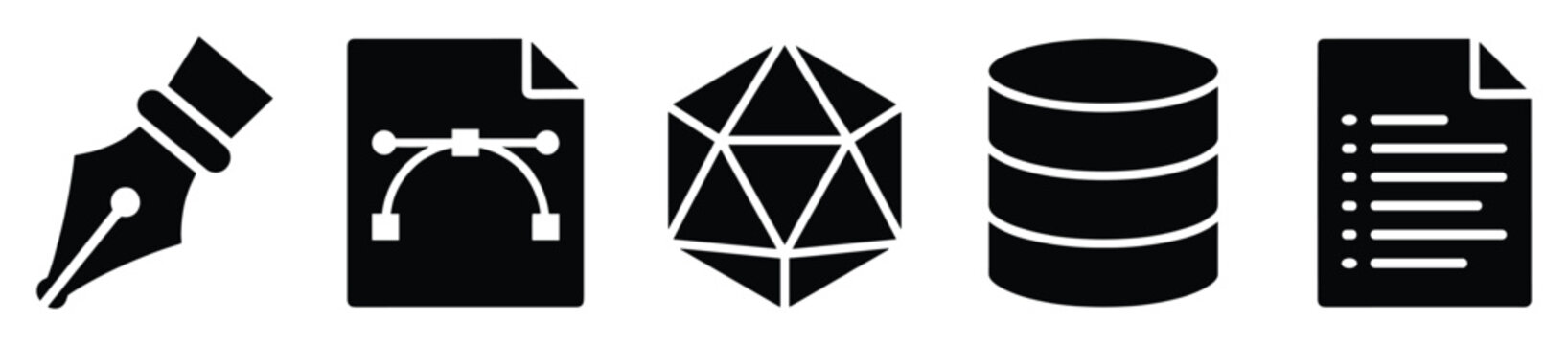 Modern set of silhouette icons featuring a pen, vector path, twentysided die, database, and checklist document for use in digital interfaces, software development, and informational