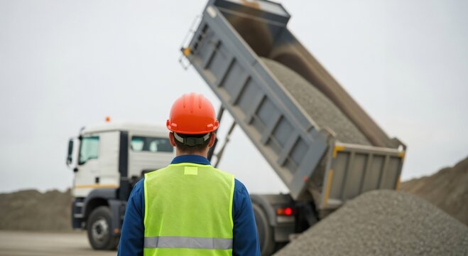 Male site supervisor in safety vest watching dump truck unload gravel at construction site