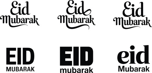 Obraz premium Eid Mubarak typography logo set with elegant script lettering and bold modern Islamic festive branding design for Ramadan celebration