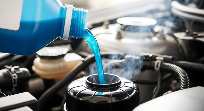 Mechanic pouring blue coolant into a car's radiator reservoir in a steamy engine compartment