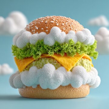 Surreal floating cloud hamburger in blue sky, fantasy food concept with fluffy cloud buns lettuce cheese and meat patty, creative heavenly burger