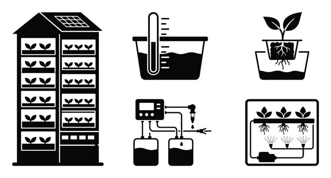 Vector icon set showcasing advanced indoor farming practices like vertical hydroponics nutrient solution management and automated irrigation for modern agricultural technology presentations