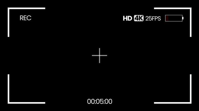 Camera viewfinder streaming recorder overlay with DSLR frame, digital recording interface, blinking REC icon animation, timer counter, battery indicator cinematic camera display on black screen 4K