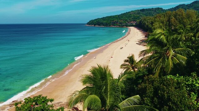 Aerial view Tropical Nai Thon beach Phuket with Turquoise clear water. Amazing travel landscape photo of Thailand.