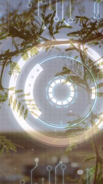 Vertical video: Branches drifting across sky while HUD activating and scanning foliage for AR tech