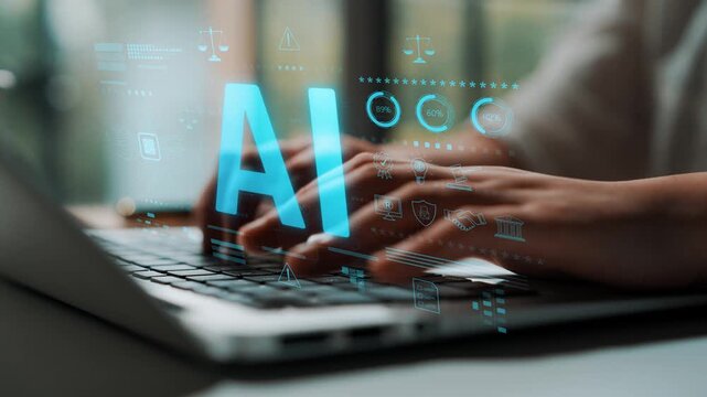AI circuit microchip with glowing blue lines, surrounded by legal scales, warning symbols, data sheets, and binary codes, representing ethical AI, AI governance, and data integrity Marrow