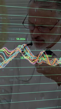 Vertical video: Doctor responding to shifting medical graphs, adjusting stethoscope, assessing data