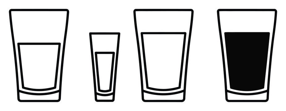 Clean linear vector icons displaying assorted drinking glasses, including a small shot glass, with varied liquid fill indicators and a full solid glass, ideal for menu graphics and digital