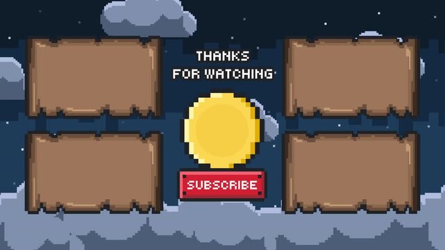 Pixel art game ending credits with wooden interface frame and clean retro UI panel for outro sequence non looping Prores 4K 60fps