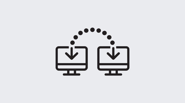 A simple black and white illustration of two computer monitors transferring data between each other.