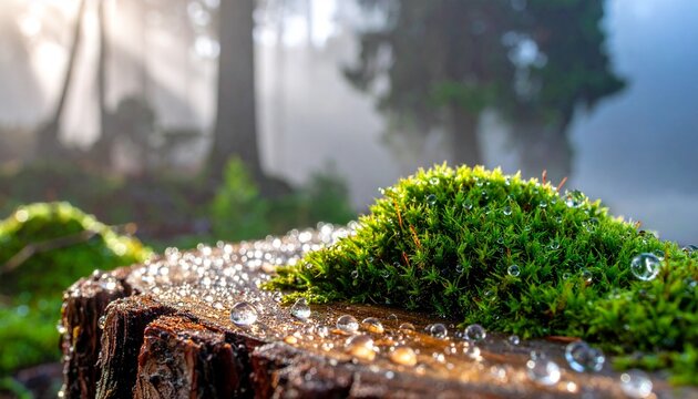 Macro photography of green moss with sparkling morning dew drops on an old tree stump in a misty forest with sunlight bokeh rays