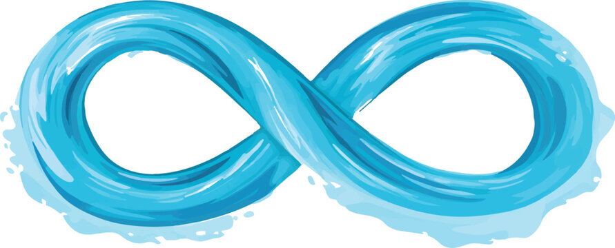 Abstract flowing water forming an infinity symbol shape with splashes and droplets suggesting fluidity and continuity