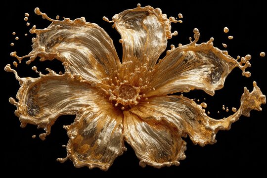 Surreal Golden Lotus Flower with Liquid Gold Splashes and Water Droplets on Isolated Black Background for Luxury Concept