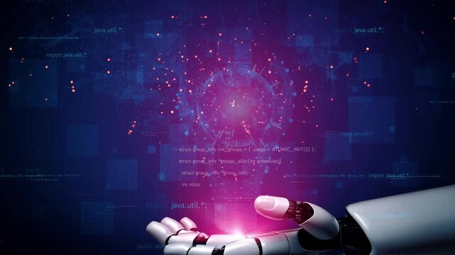 A futuristic robotic hand presents a glowing sphere of data amidst a backdrop of flowing digital codes. Perfect for themes of technology and innovation. Xenic