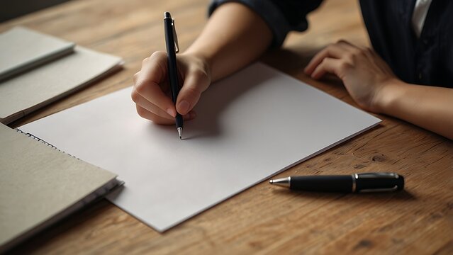 Close Up of Hand Writing on Blank Paper with Black Pen on Rustic Wooden Desk Background for Business Planning Creative Journaling Education and Workplace Concept Professional Stationery and Workspace