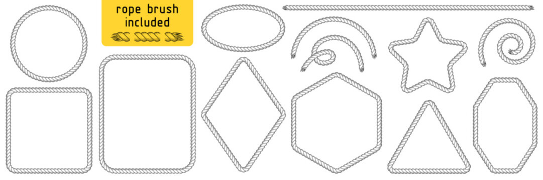 Rope frames, set of string borders. Rectangular, round, oval, square, hexagon shapes for decorative marine, cowboy designs. Rope brush included. Black vector illustration isolated on white background
