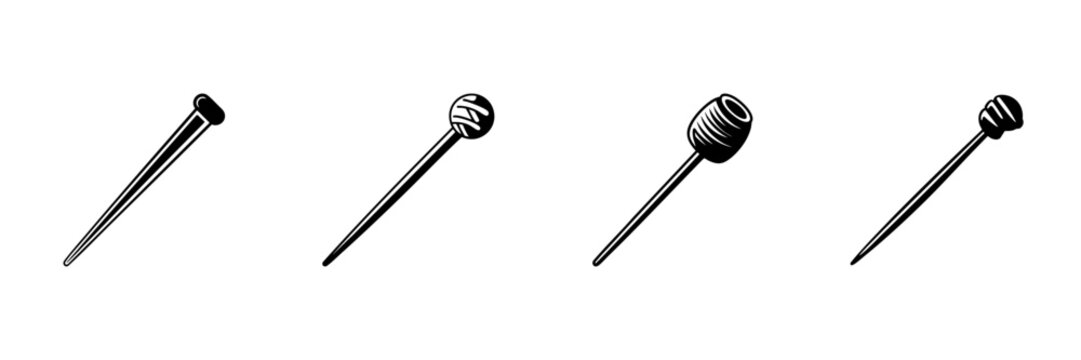 Drumsticks And Mallets In Hand Drawn Style Set. Percussion Instrument Tools, Music Performance Doodle Sketch Collection. Musical Accessories Variety. Isolated Vector Illustration