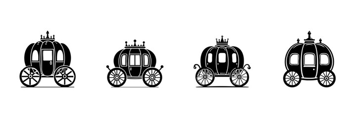 Naklejka premium Fairytale Pumpkin Carriage Icons In Hand Drawn Style Set. Magical Transportation, Fantasy, Royalty Theme Doodle Sketch Collection. Vintage Storybook Charm. Isolated Vector Illustration