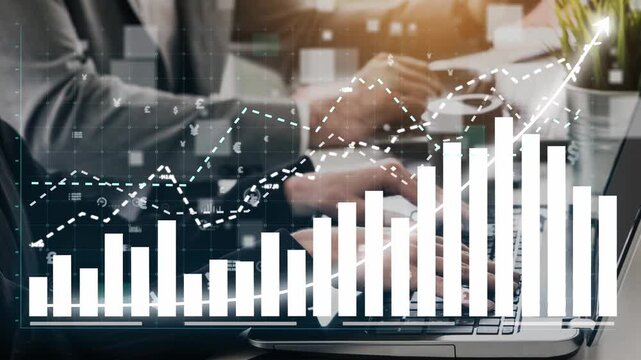 Business professionals work together in a modern office, using digital tools to analyze financial data. The growing trends reflect strategic insights for successful decision-making. Copula