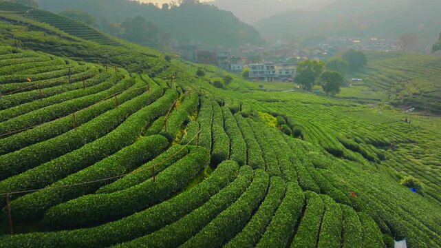 Beautiful Tea Plantation with Flowering Tree