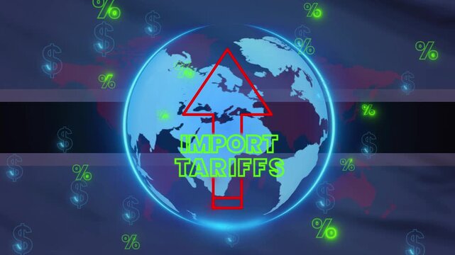 Depicting a rise in import tariffs across the globe, visualized by a world map with an upward arrow, representing economic implications and trade dynamics. 