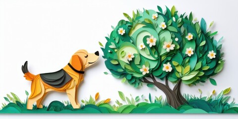 Obraz premium Dog sniffing tree. Papercraft style illustration depicts nature scene, vibrant colors, simple shapes, peaceful moment.