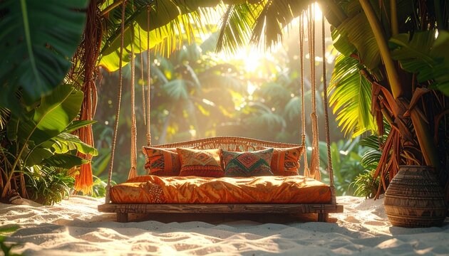 Luxury outdoor swinging bed with colorful pillows in a lush tropical garden with sunlight filtering through palm leaves and green foliage