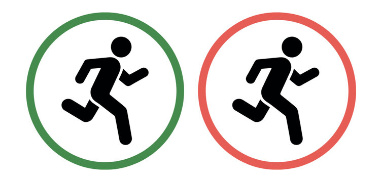 Running man icons vector set in green and red circles for traffic, safety, and pedestrian signs illustration