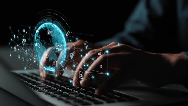 Global AI-powered digital network ecosystem connecting data, finance, analytics, ecommerce, communication, and automation across continents through technology and cloud Marrow