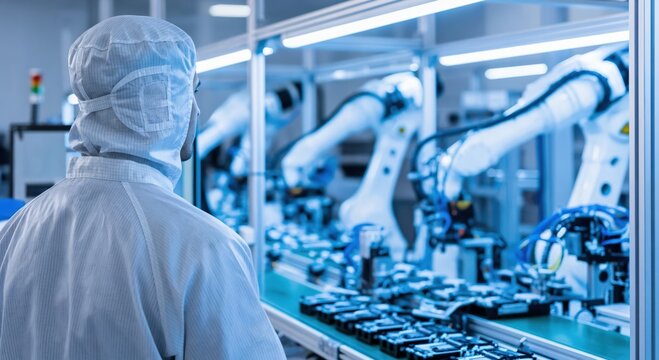 Male technician in cleanroom suit monitoring robotic arms in semiconductor microchip fabrication plant