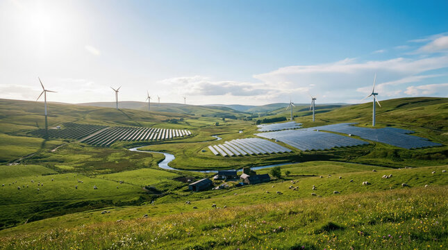 Wind farm across rolling hills with river, symbolizing clean and renewable energy.